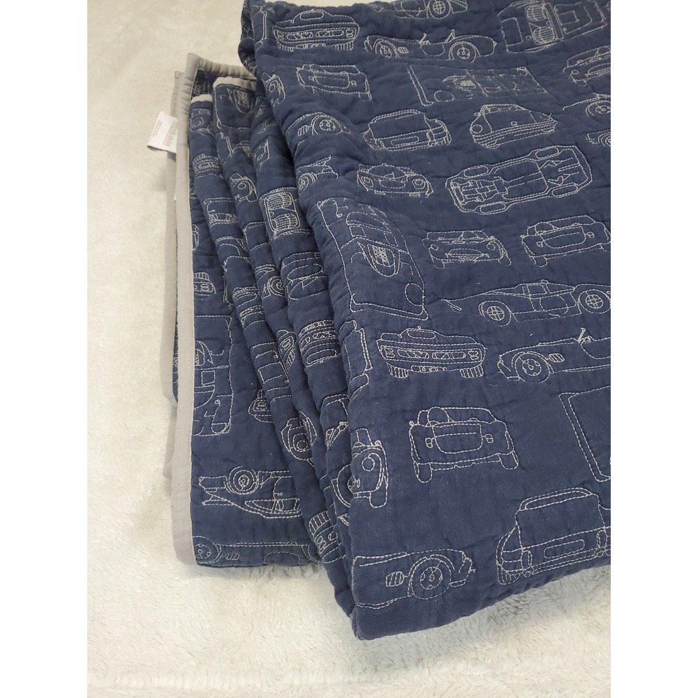 RH Baby & Kids Navy Blue Linen Blend White Embroidered Cars Vehicles Quilt Queen